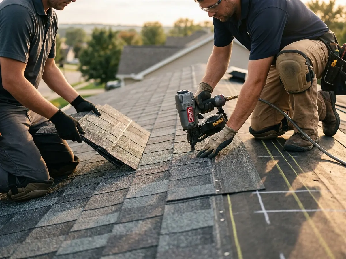 Professional roofer working on a residential roof in Wapakoneta